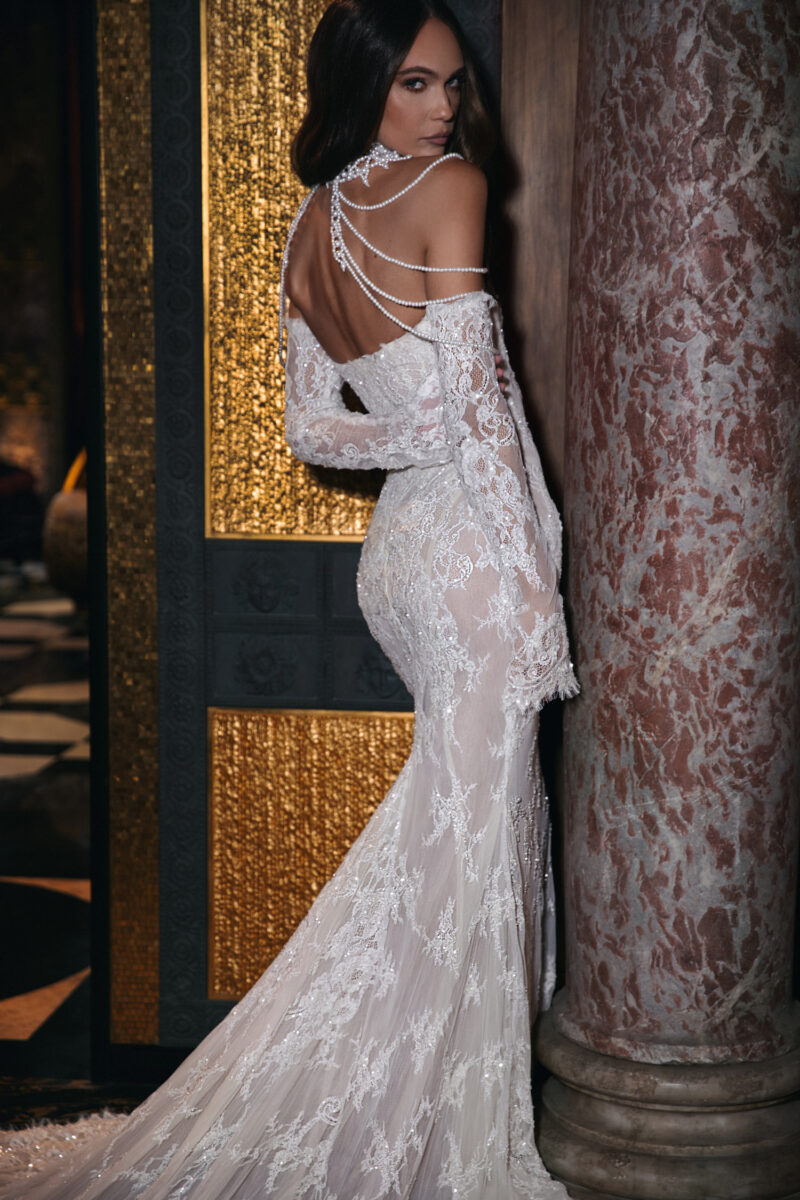 Open back wedding gown with pearl details