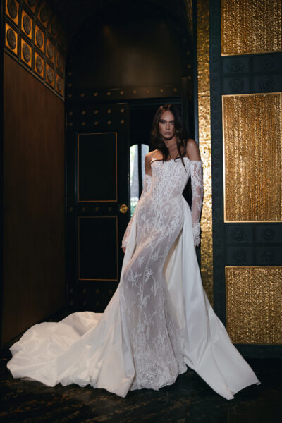 Custom lace mermaid wedding dress with satin train
