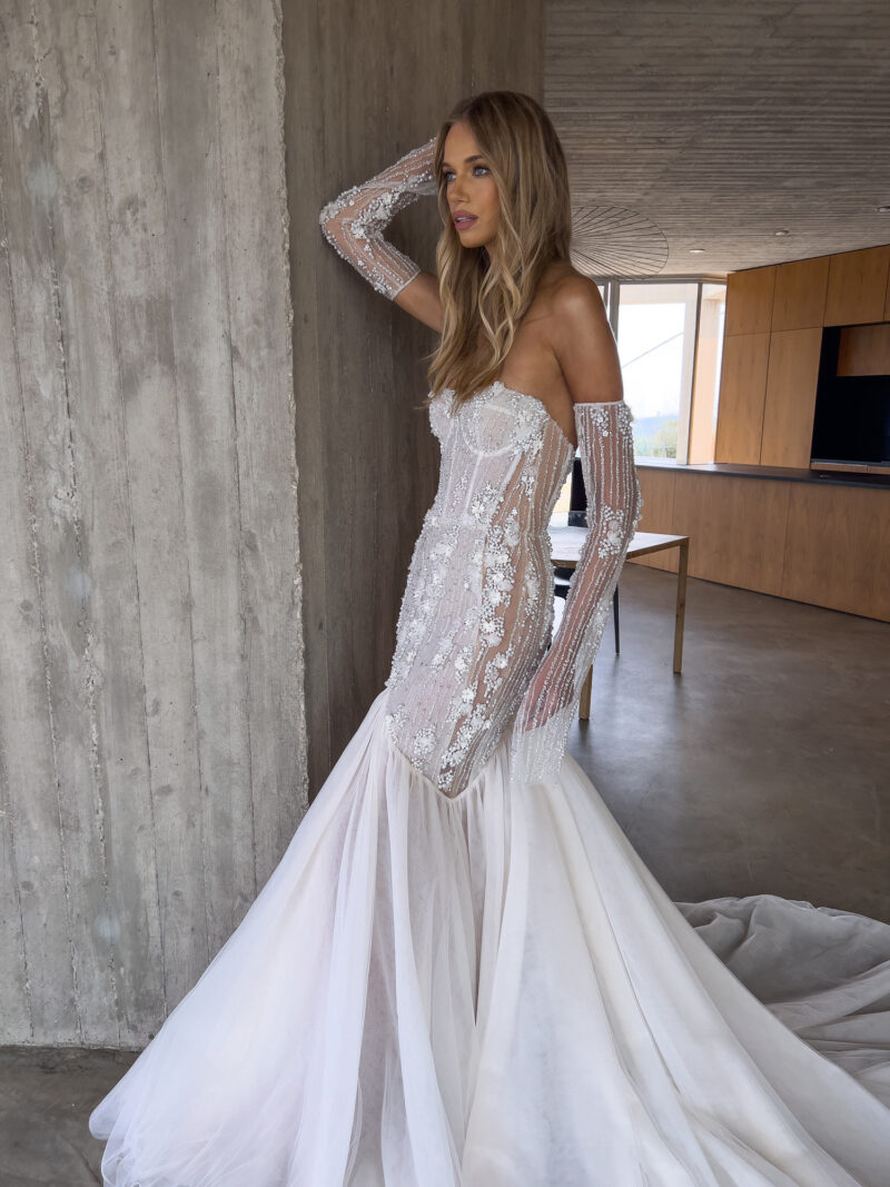 strapless beaded corset wedding gown with detachable sleeves