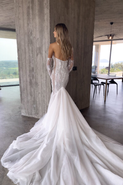 open back mermaid tulle wedding gown with beading