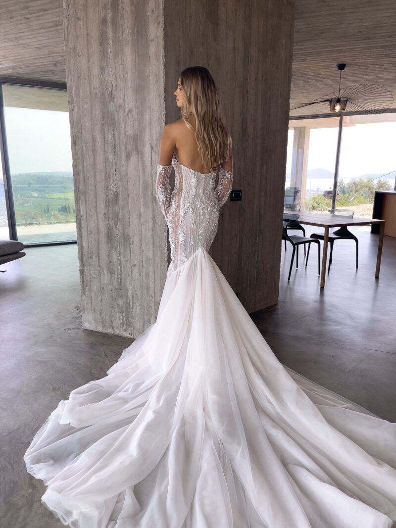 open back mermaid tulle wedding gown with beading