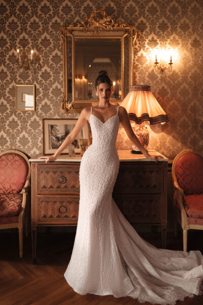 beaded lace mermaid wedding dress with sweetheart neckline and spaghetti straps
