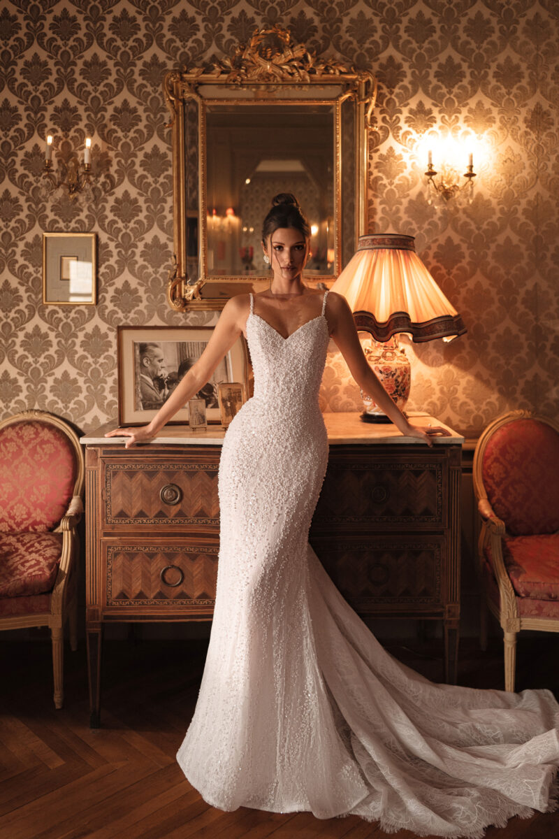 beaded lace mermaid wedding dress with sweetheart neckline and spaghetti straps