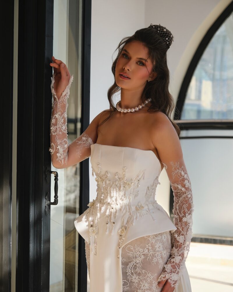 crepe corset wedding dress with pearl and crystal beading