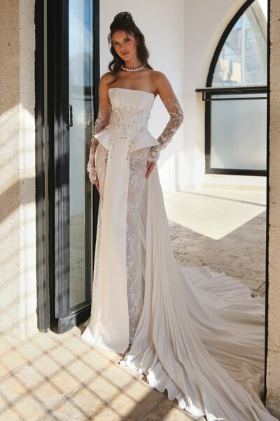 crepe corset wedding dress with beaded peplum and lace sleeves