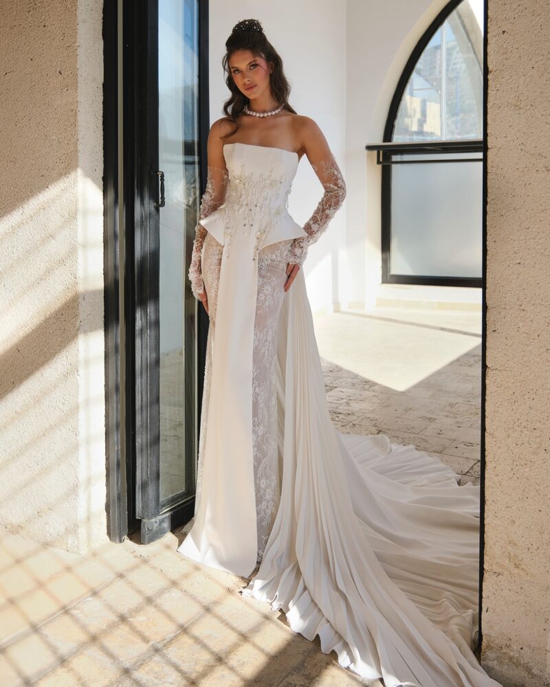 crepe corset wedding dress with beaded peplum and lace sleeves
