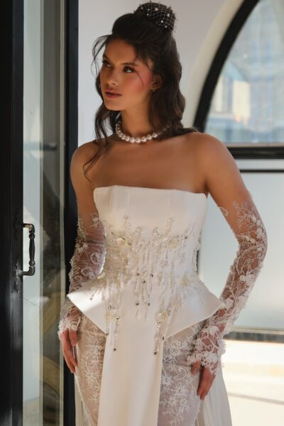 strapless crepe corset wedding dress with sheer lace panels