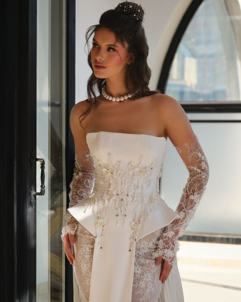 strapless crepe corset wedding dress with sheer lace panels