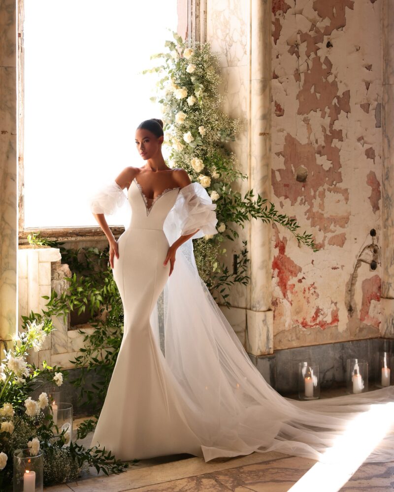crepe mermaid wedding dress with off-shoulder tulle puff sleeves and cathedral train