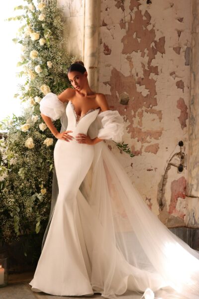 crepe mermaid wedding dress with detachable sleeves and sweeping tulle train