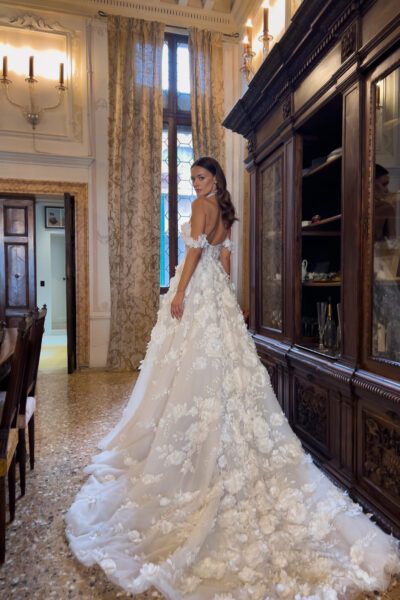 Back of floral tulle wedding dress with train