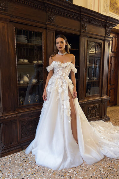 Floral corset tulle wedding dress with slit