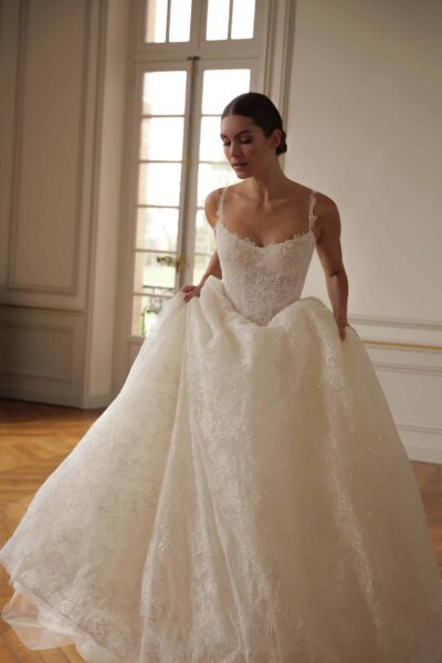 lace ball gown wedding dress side view with full skirt