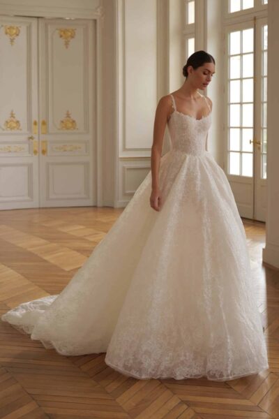 lace ball gown wedding dress with sweetheart neckline and lace straps