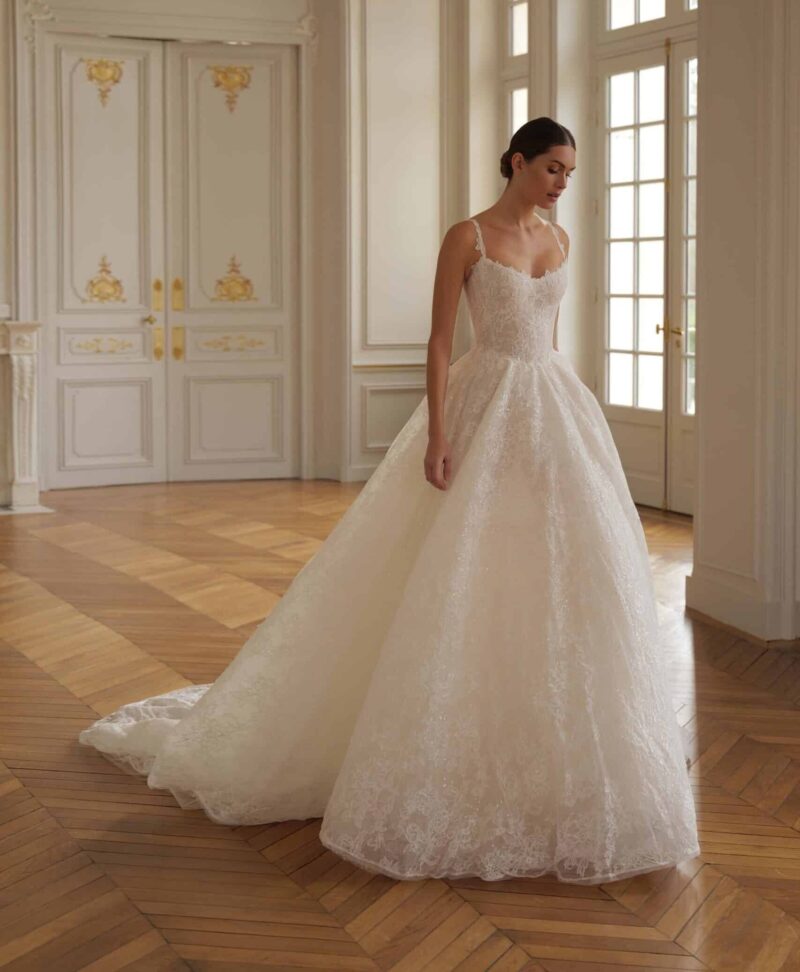 lace ball gown wedding dress with sweetheart neckline and lace straps