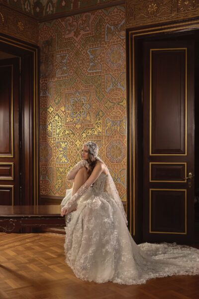 lace ball gown wedding dress with cathedral train and scalloped hem