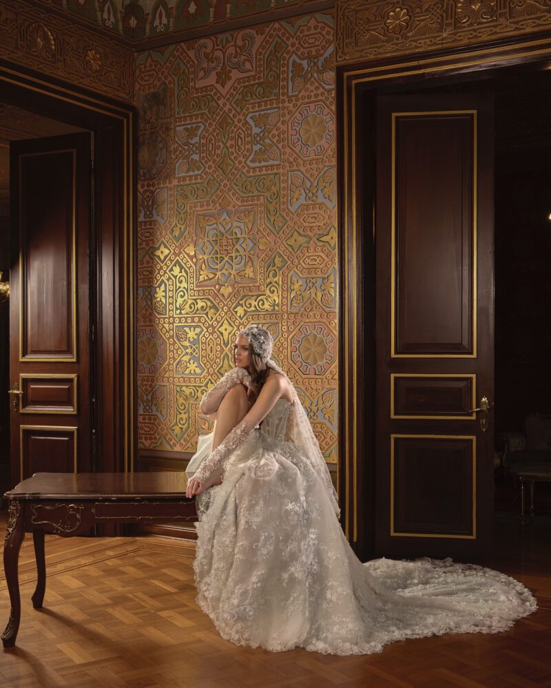 lace ball gown wedding dress with cathedral train and scalloped hem