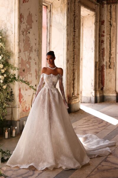 floral embellished lace ball gown wedding dress