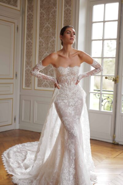 lace fit and flare wedding dress with detachable overskirt and sleeves