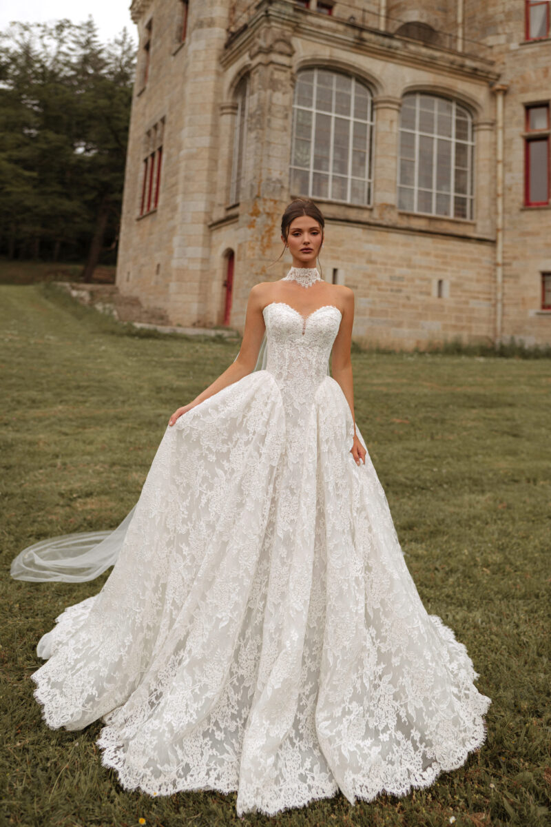 lace high neck ball gown wedding dress with chapel train