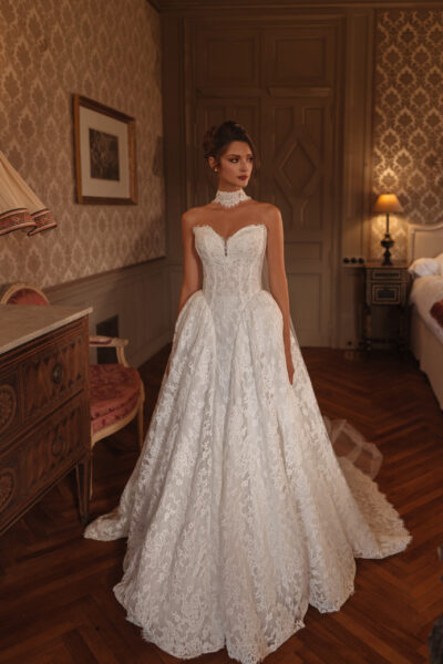 lace high neck ball gown wedding dress with chapel train