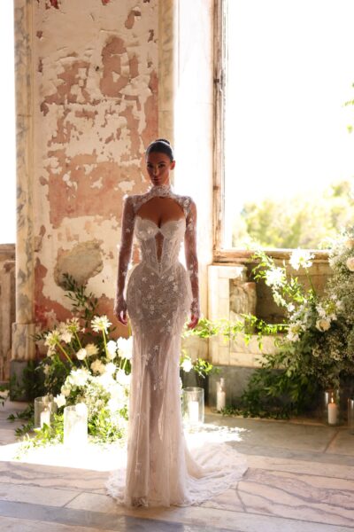 lace high neck mermaid wedding dress with illusion back