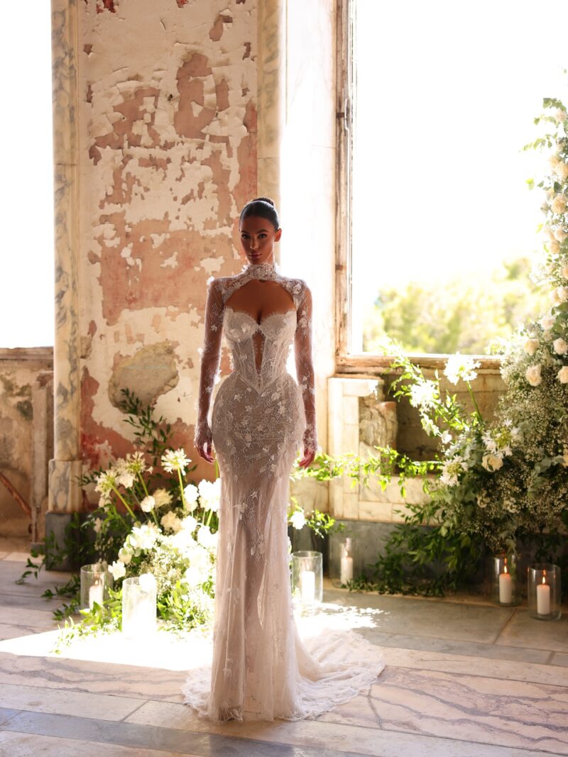 lace high neck mermaid wedding dress with illusion back