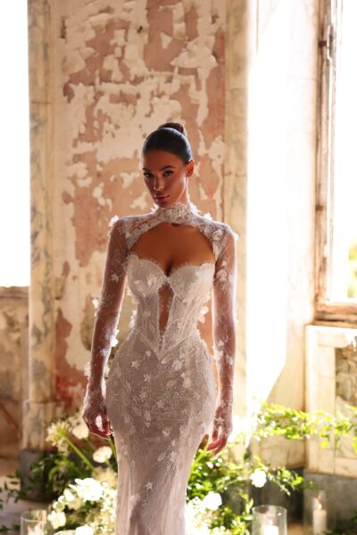 lace high neck mermaid wedding dress chapel train