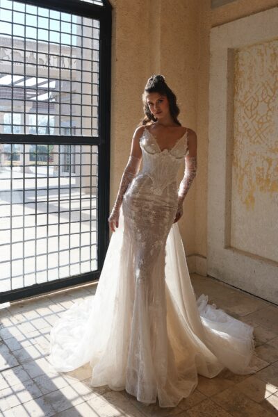 lace mermaid wedding dress with illusion corset bodice and detachable sleeves