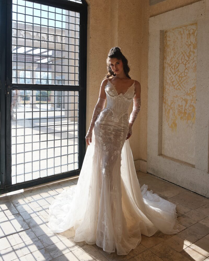 lace mermaid wedding dress with illusion corset bodice and detachable sleeves