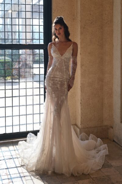 lace mermaid wedding dress with satin lining and floral lace overlay