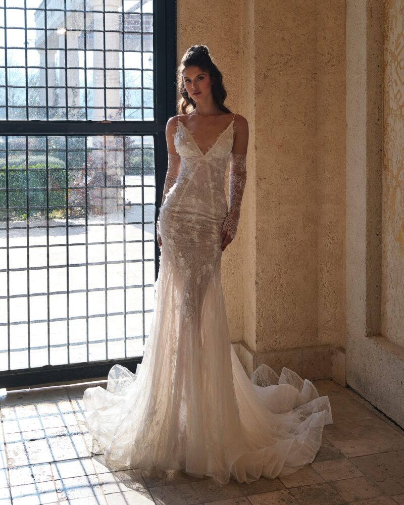 lace mermaid wedding dress with satin lining and floral lace overlay