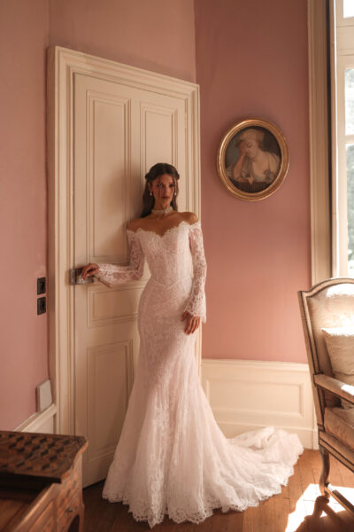 lace off the shoulder long sleeve wedding dress with chapel-length train