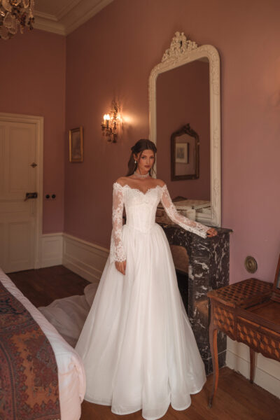 lace tulle a-line wedding dress with long sleeves and cathedral train