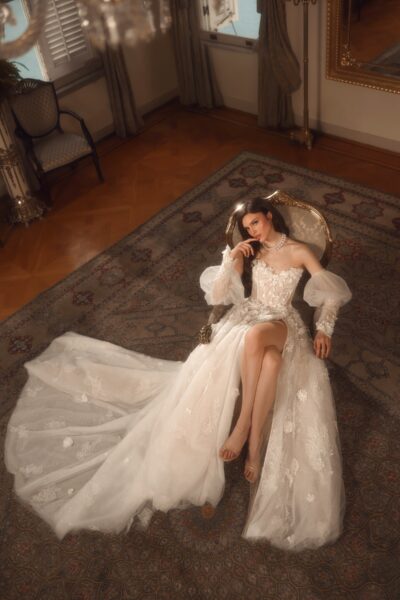floral lace a-line wedding dress with sheer corset bodice