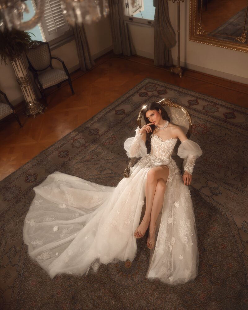 floral lace a-line wedding dress with sheer corset bodice