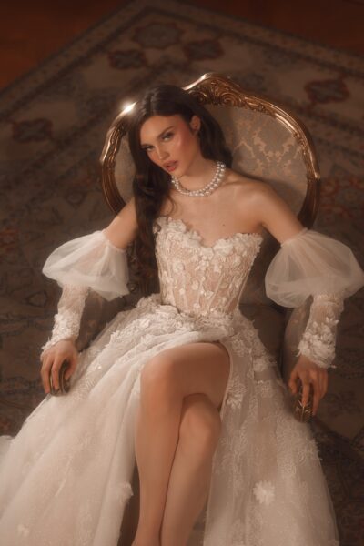 floral lace a-line wedding dress with matching lace gloves