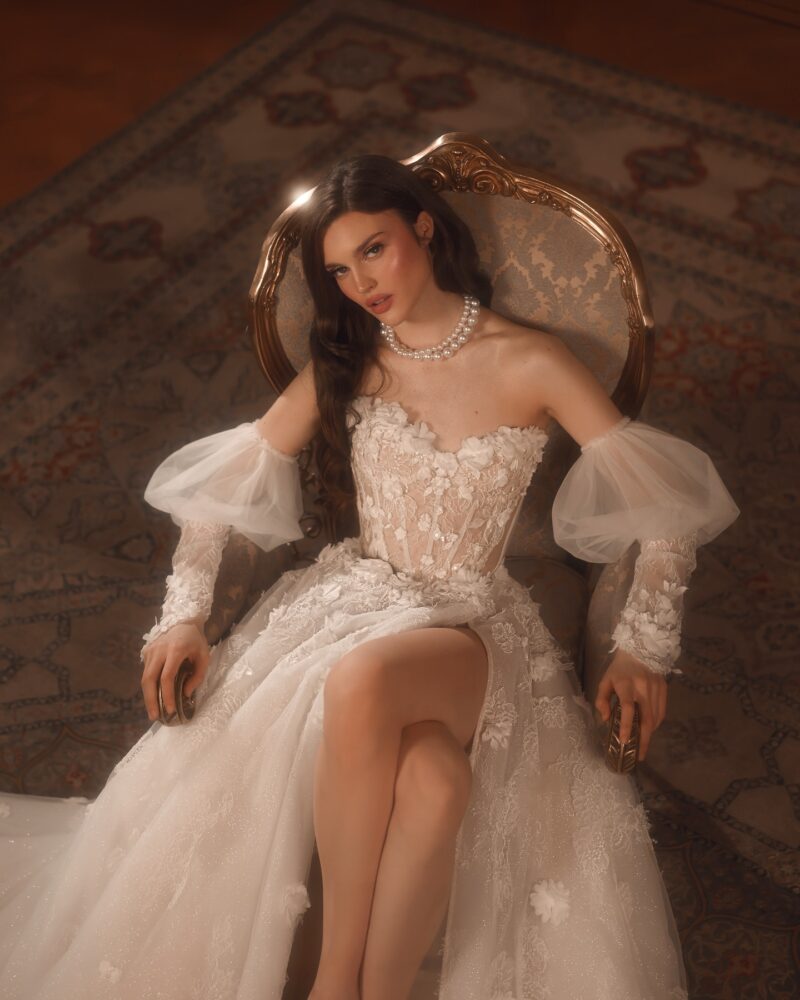floral lace a-line wedding dress with matching lace gloves