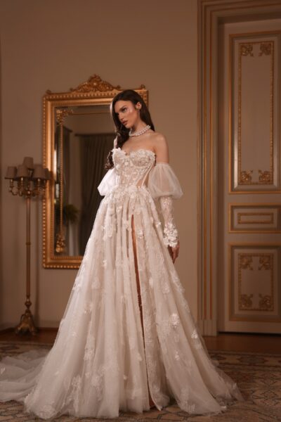 floral lace a-line wedding dress with puff sleeves and thigh-high slit