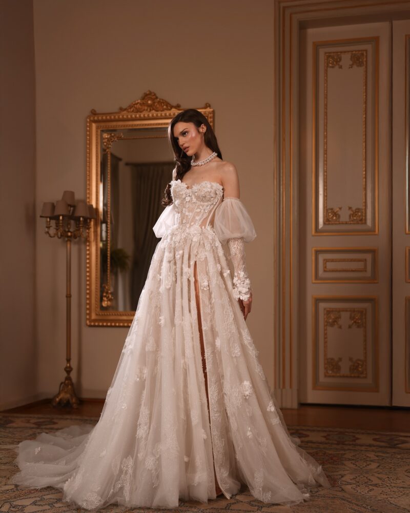 floral lace a-line wedding dress with puff sleeves and thigh-high slit