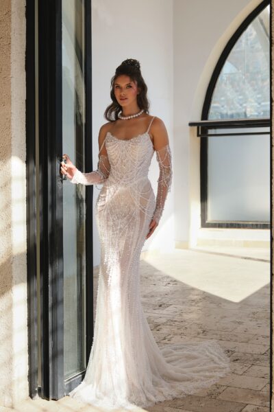 pearl beaded sheath wedding dress with sweetheart neckline and off-shoulder sleeves