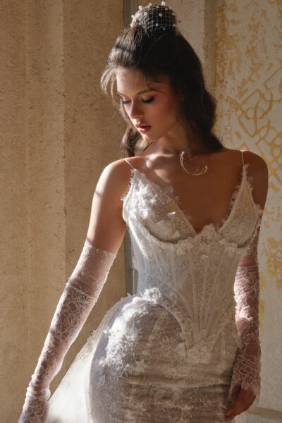 lace mermaid wedding dress with floral lace and long train