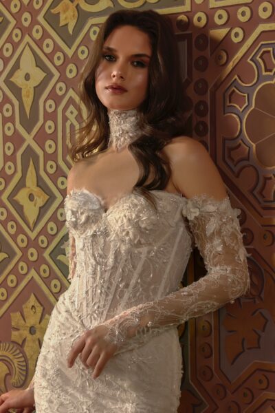 lace mermaid wedding dress with sheer corset bodice and floral appliqué