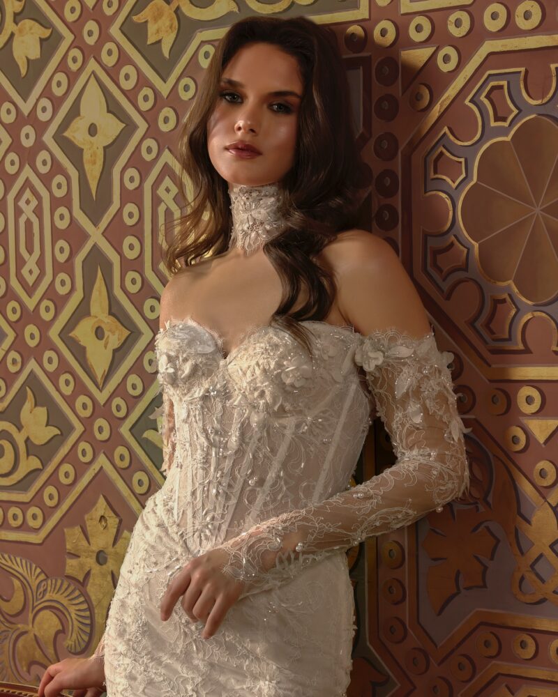 lace mermaid wedding dress with sheer corset bodice and floral appliqué