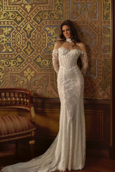 lace mermaid wedding dress with 3D floral appliqué and detachable lace sleeves