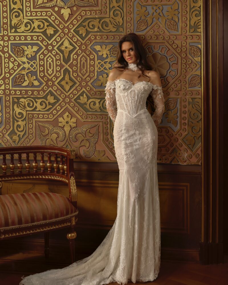 lace mermaid wedding dress with 3D floral appliqué and detachable lace sleeves