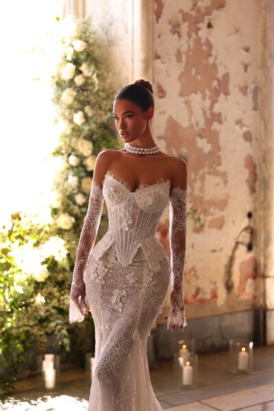 lace mermaid wedding dress with sweetheart neckline and corset boning