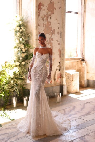 lace mermaid wedding dress with corset bodice and detachable long sleeves