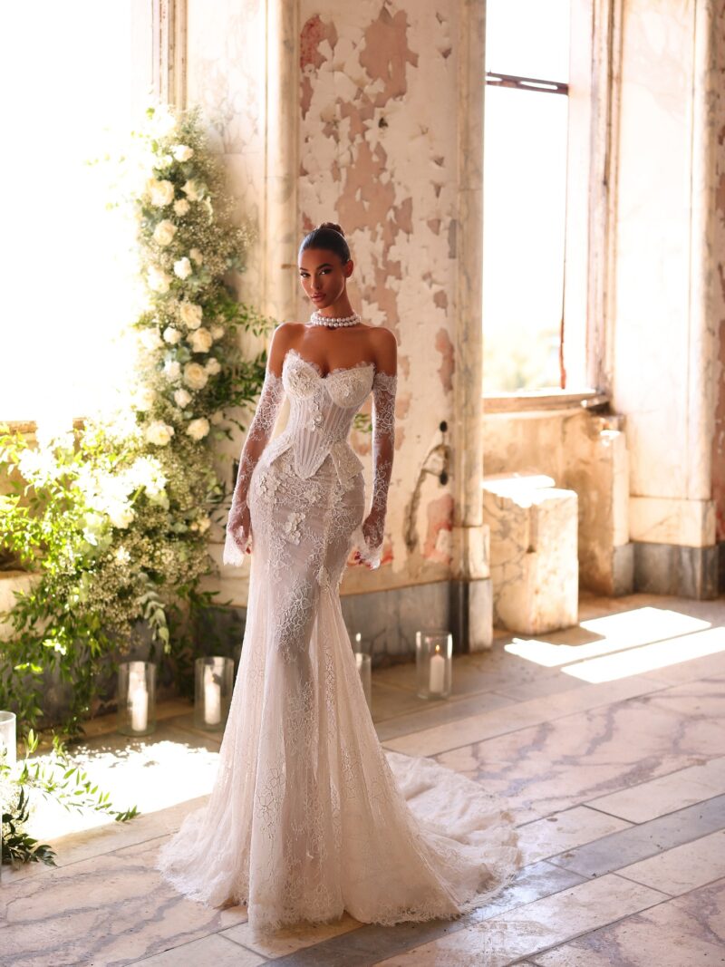 lace mermaid wedding dress with corset bodice and detachable long sleeves