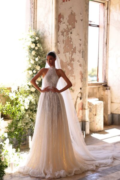 High neck A-line wedding dress with sparkle tulle and chapel train